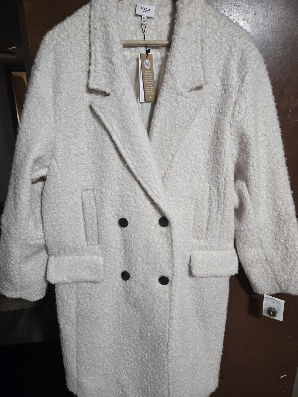 VILA NWT Double-Breasted Bouclé Teddy Coat Cream Off-White Size XL